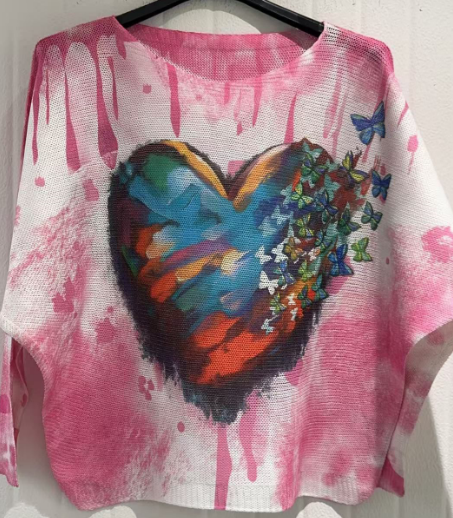 Loowie Pink Heart Round Knit Printed Sweater O/S