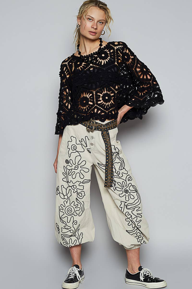 POL Clothing Round neck 3/4 sleeve crochet cropped top O/S