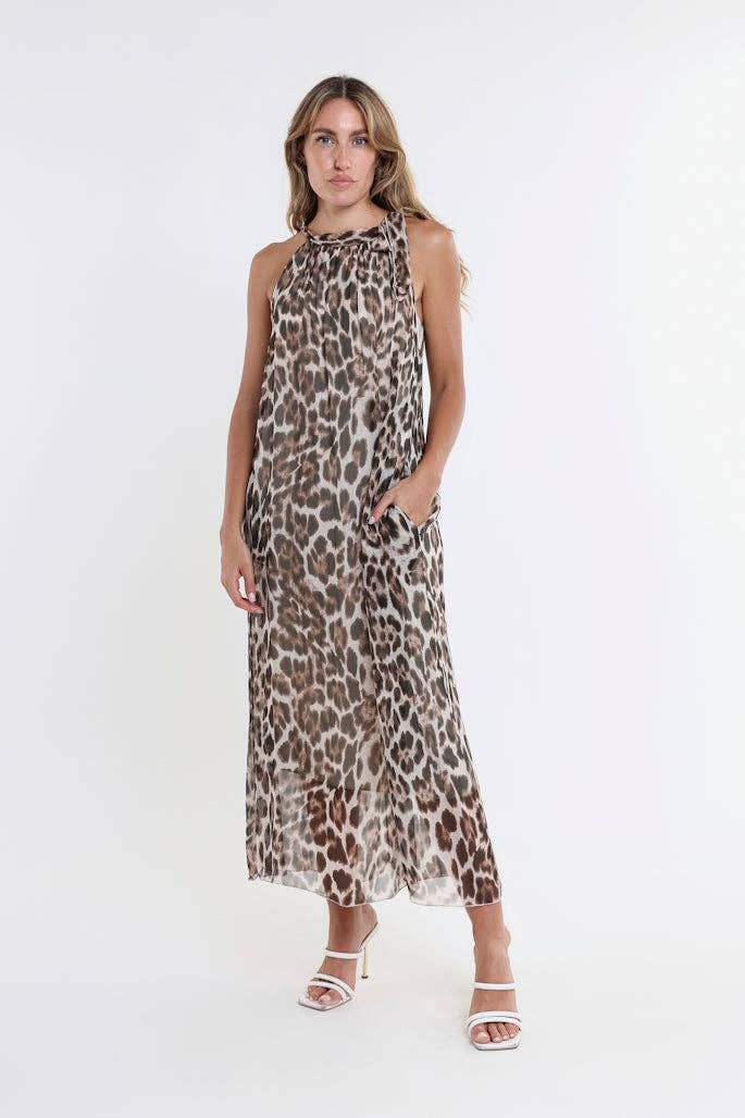 Tina Stephens Leopard Madison Silk Shoulder Tie Dress
