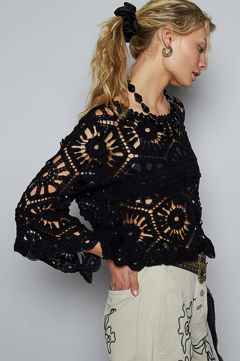 POL Clothing Round neck 3/4 sleeve crochet cropped top O/S