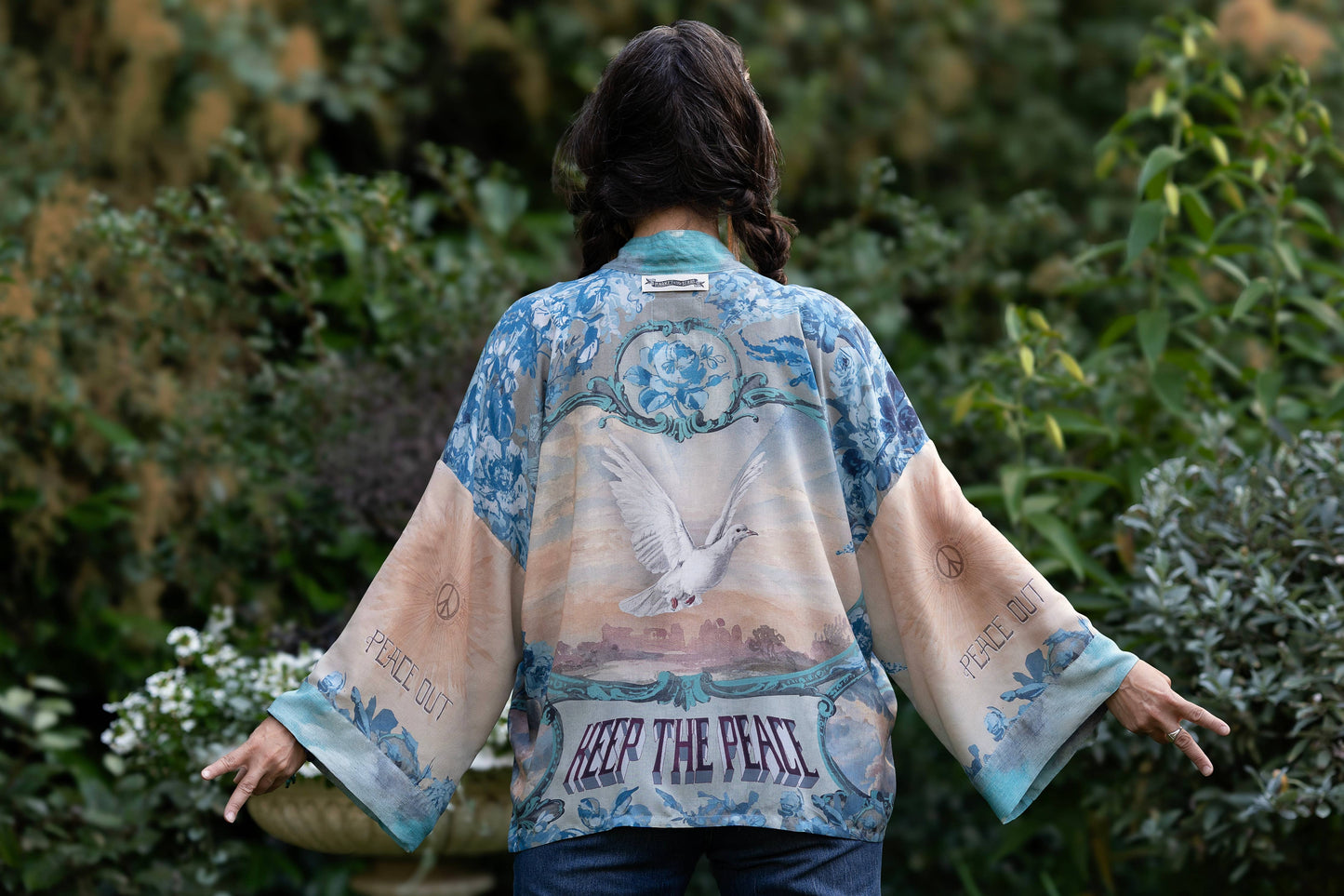 Market to Stars
Peace Out Cropped Kimono Pixie Duster with Doves and Sunrise