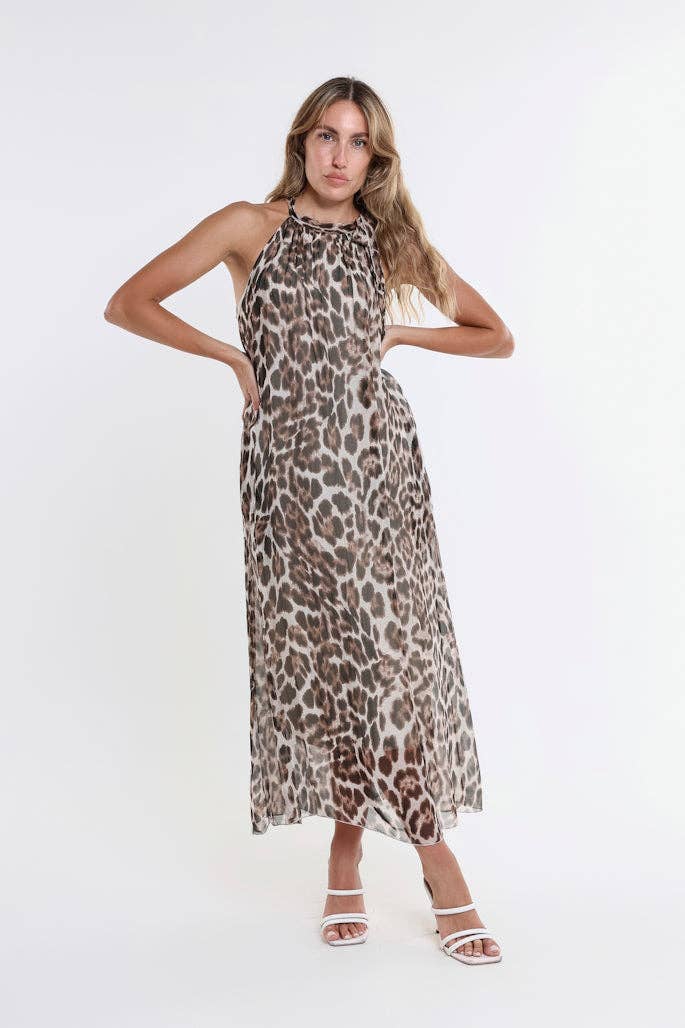 Tina Stephens Leopard Madison Silk Shoulder Tie Dress