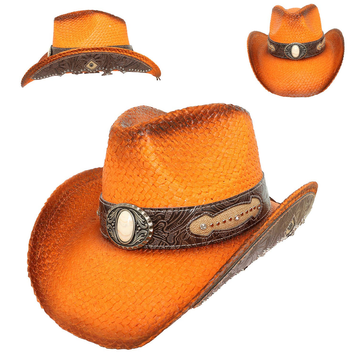 Sophia Collection Western Rhinestone Embellished Straw Cowboy Hat