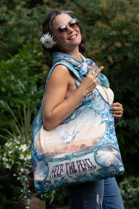 Market to Stars 
Peace Out Turquoise Linen Tote Bag with Doves and Sunrise