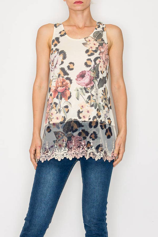 Origami Apparel Leopard Floral Lace Lined Tank Top