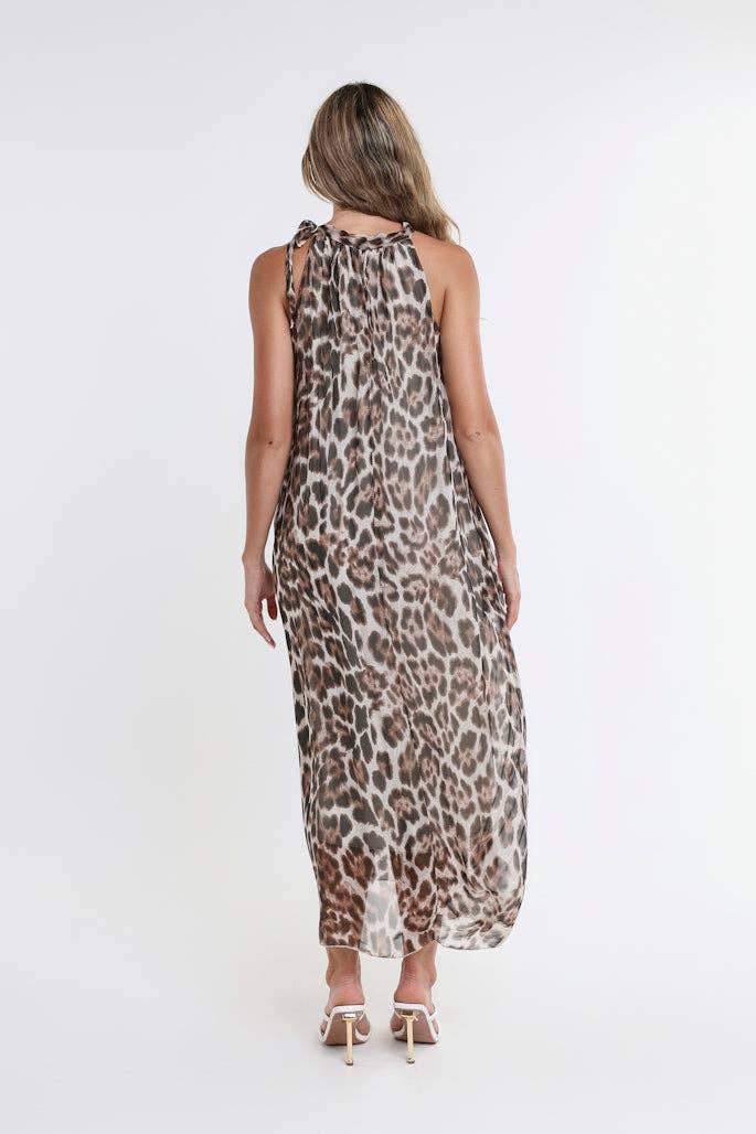 Tina Stephens Leopard Madison Silk Shoulder Tie Dress