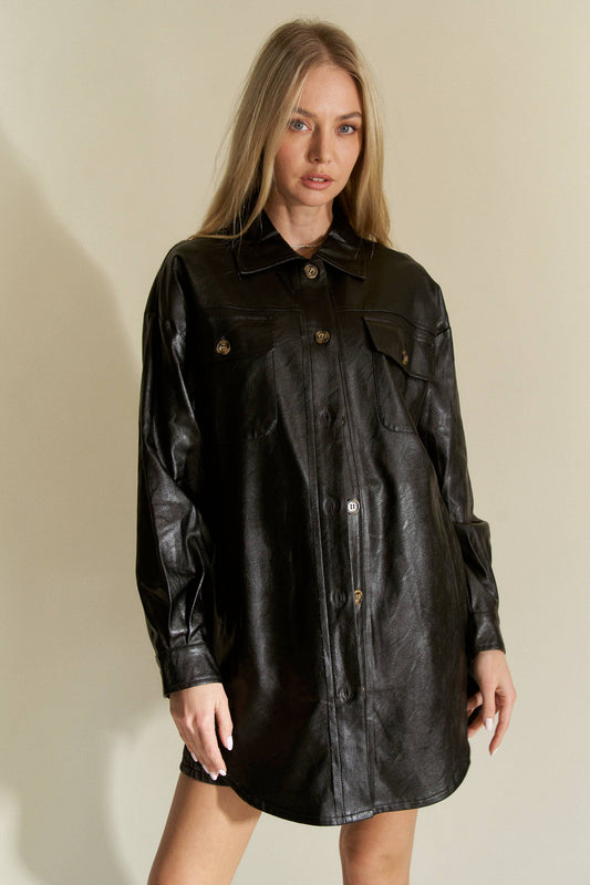 Davi & Dani FAUX LEATHER BUTTON FRONT CHEST POCKET JACKET
