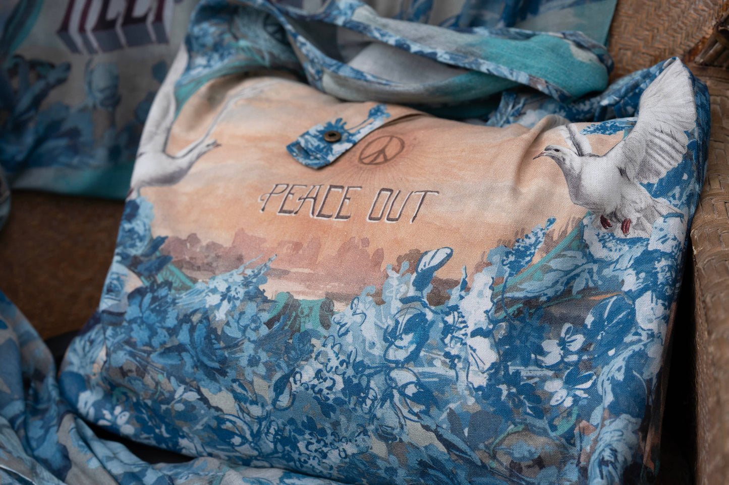 Market to Stars
Peace Out Turquoise Linen Tote Bag with Doves and Sunrise