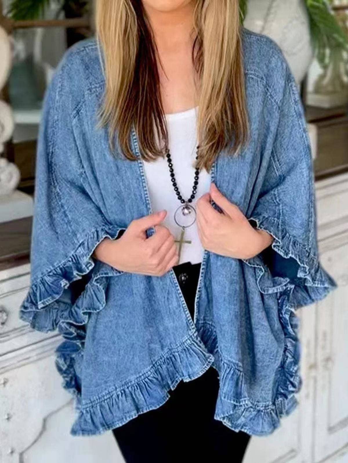 Miss Sparkling Ruffle trim denim cardigan