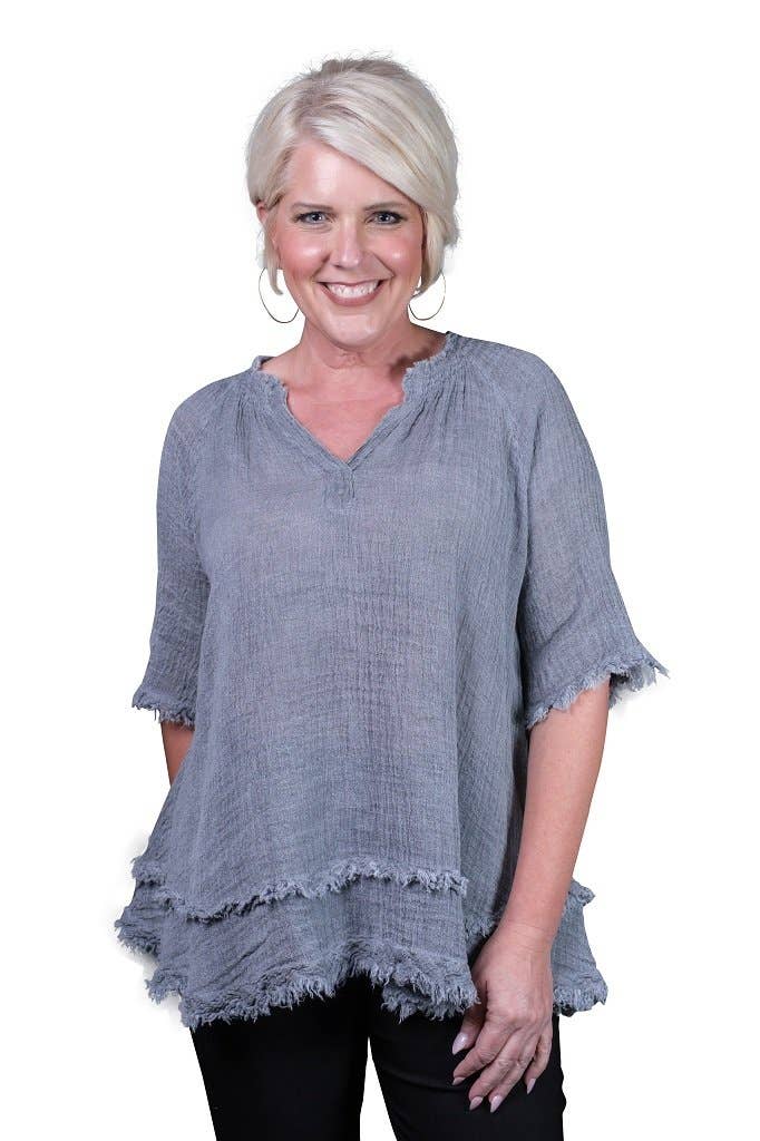 TINA Stephens Italy/Tees By Tina Zariah Crinkle Linen Raw Edge Top