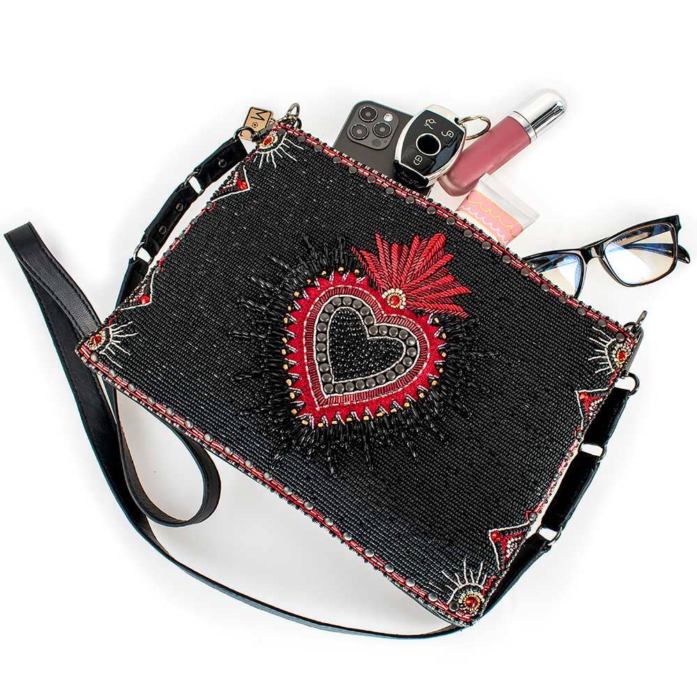Mary Frances Soul Searcher Beaded Heart Leather Crossbody Handbag
