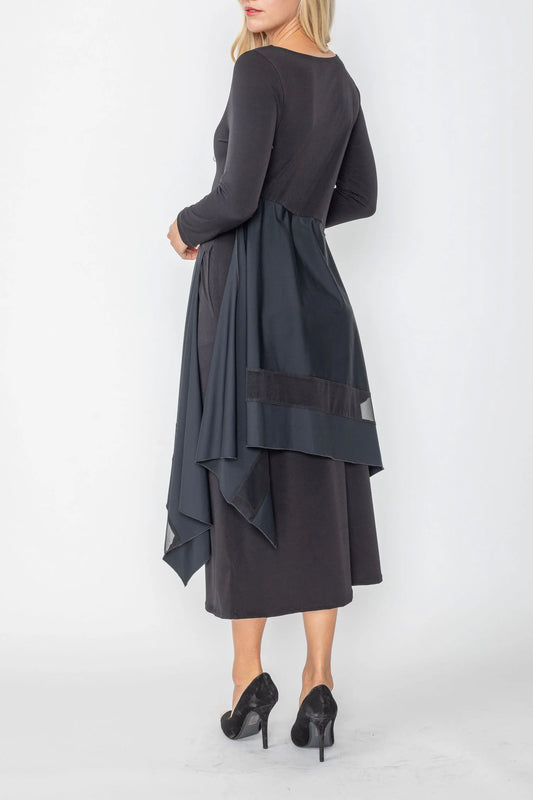 IC Collection Boat Neck Asymmetrical Layer Mix Black Dress