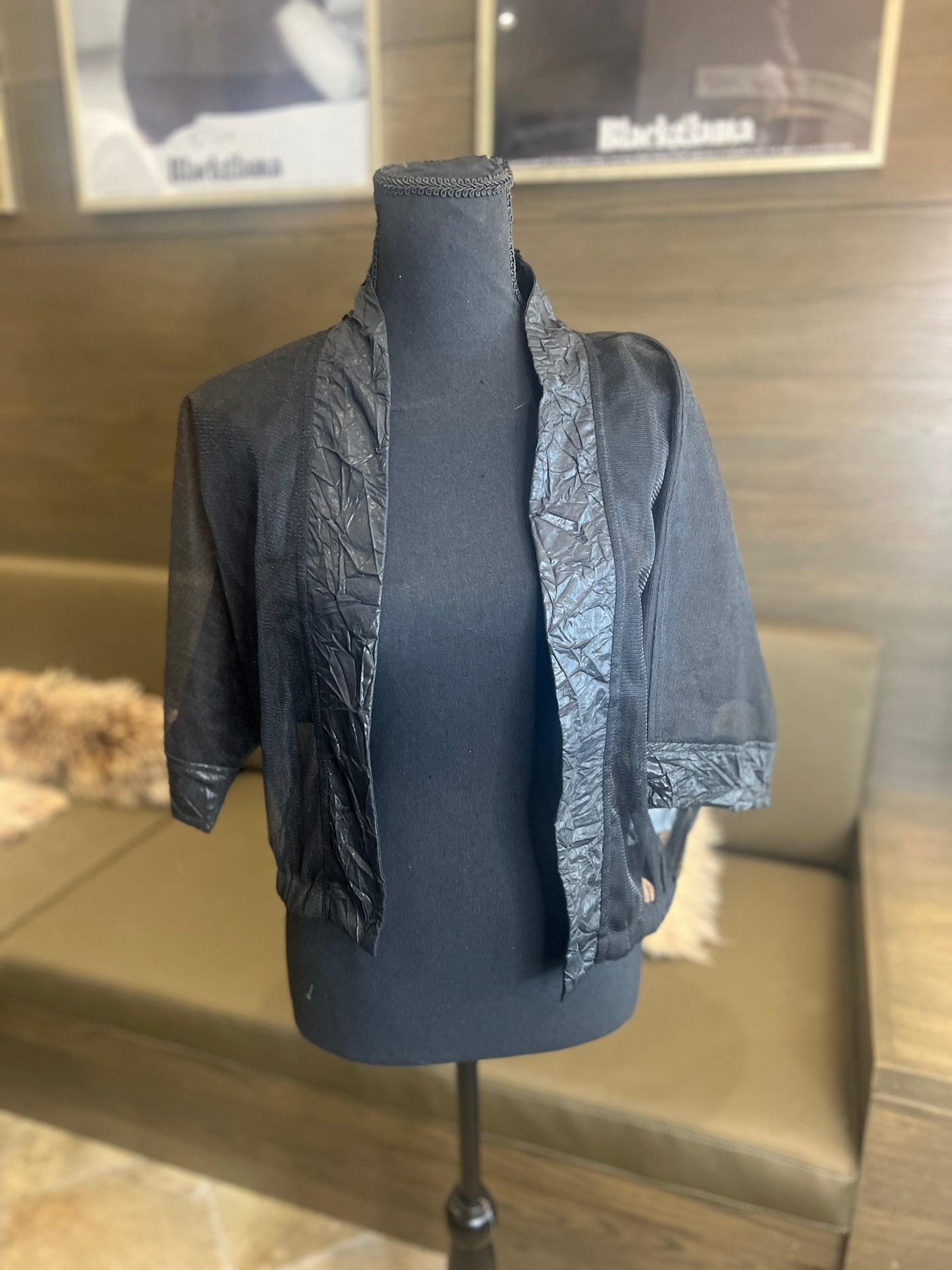 Gershon Bram Iris Black Mesh and Leather Look Trimmed Jacket Party Wear