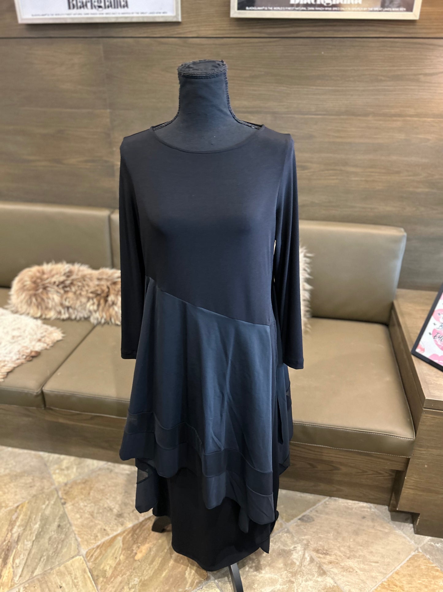 IC Collection Boat Neck Asymmetrical Layer Mix Black Dress