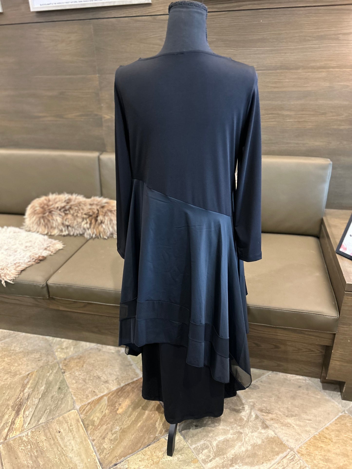 IC Collection Boat Neck Asymmetrical Layer Mix Black Dress
