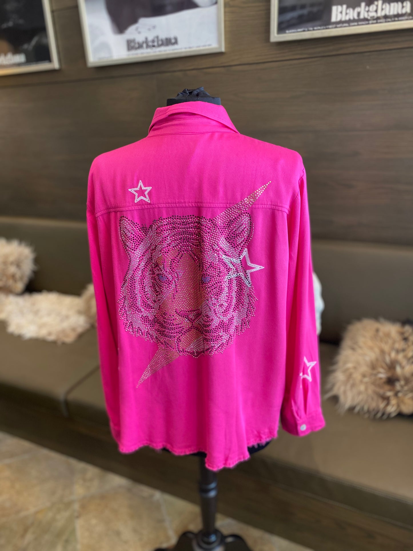 Moving Forward Love Repeating, Peace, Hamsa, Lightening Bolt Tiger Embroidered Star Black Top Button Down Shirt