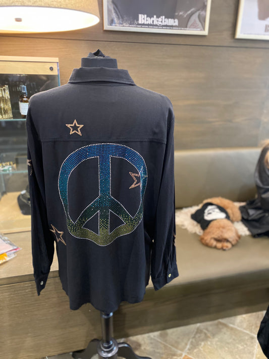 Moving Forward Love Repeating, Peace, Hamsa, Lightening Bolt Tiger  Embroidered Star Black Top Button Down Shirt