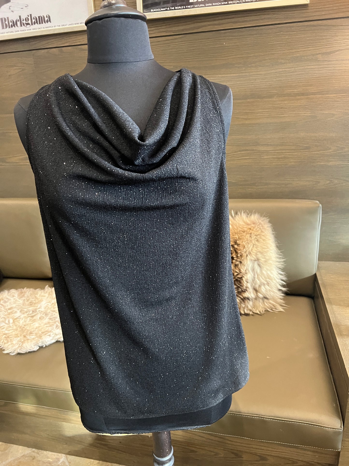 Last Tango Glitter Razorback Cowl Neck Tank Top with Side Slits Evening Wear