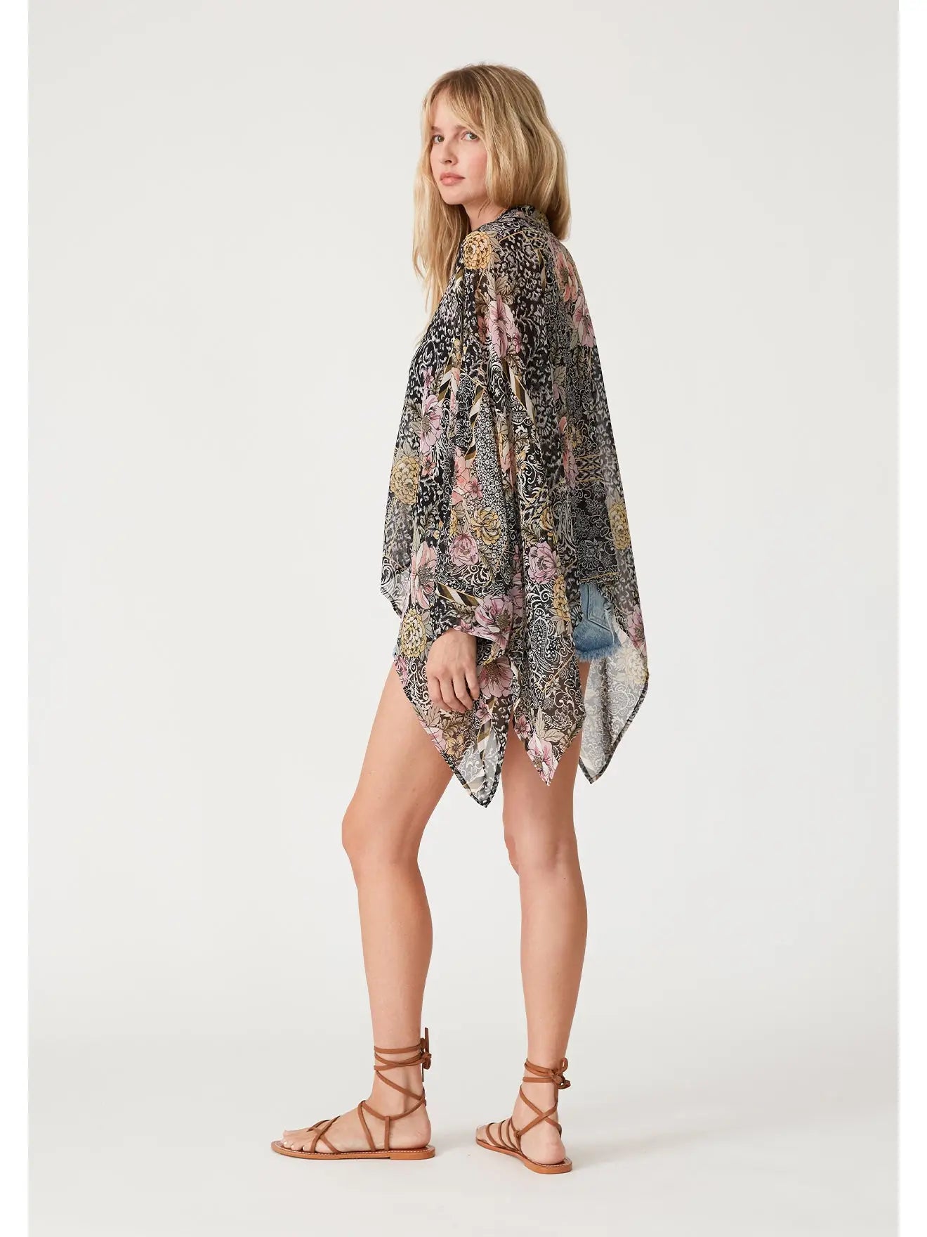 Lovestitch Sheer Floral Asymmetrical Button Front Blouse Top