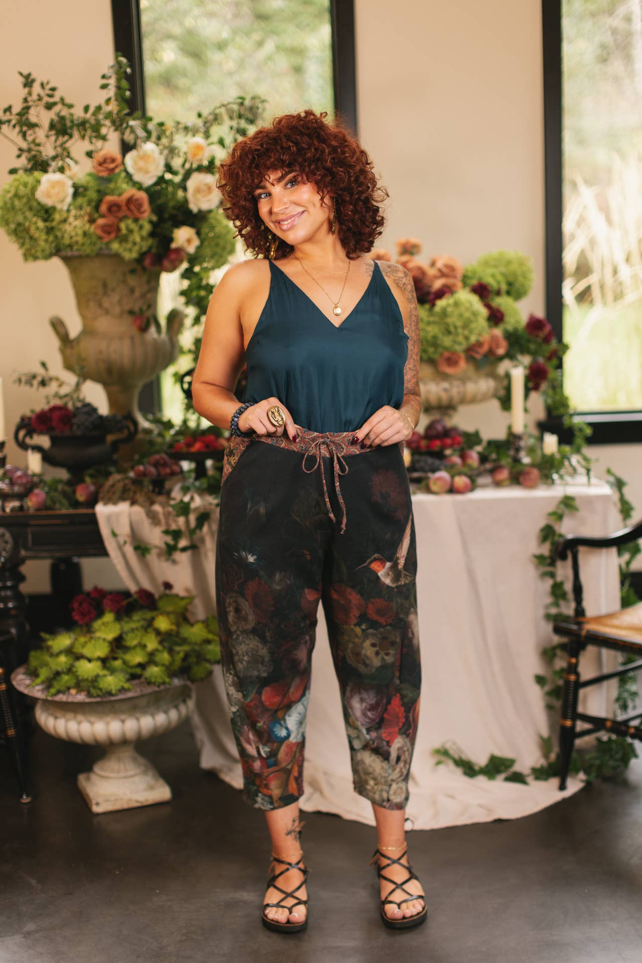 Flight of Fancy Linen Cropped Artist Pants w/ Hummingbird