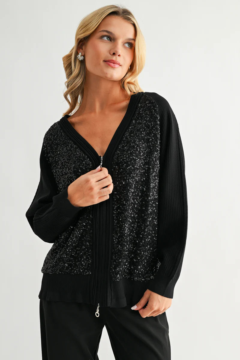 JOH Justine Knitted Zip Front Cardigan with Sequin Sweater Top