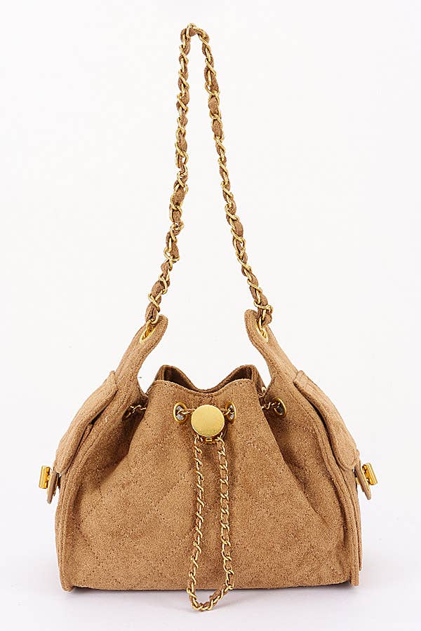 Quilted Suede Chain Drawstring Shoulder Bag