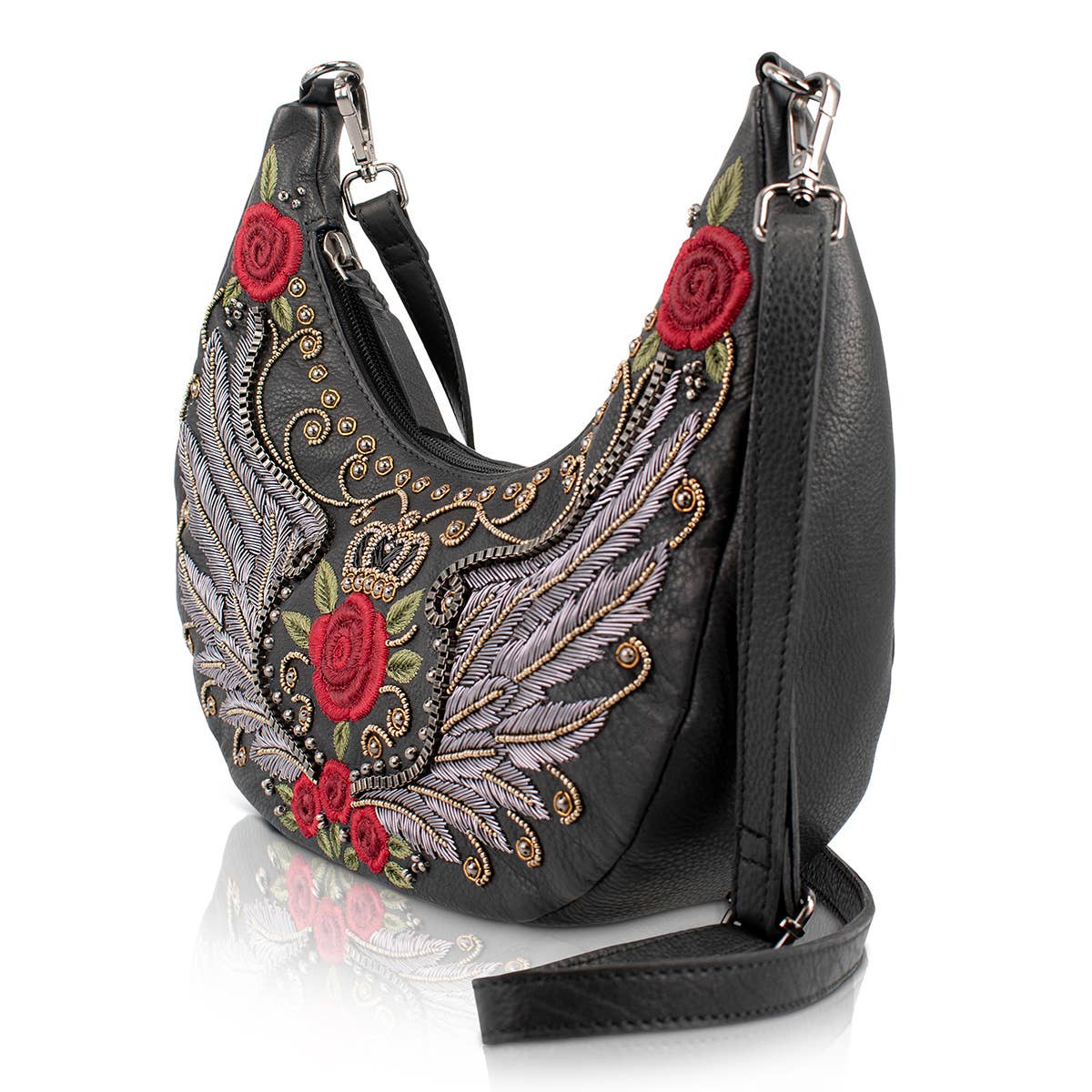 Mary Frances Wings & Roses Black Beaded and Embroidered Handbag