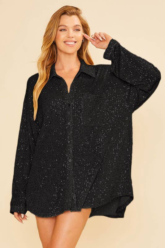 Vanilla Monkey Sequin Oversized Drop Shoulder Shirt Top