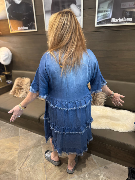 Amorosa Ruffle V-Neck Denim Dress