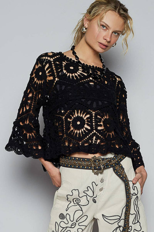 POL Clothing Round neck 3/4 sleeve crochet cropped top O/S
