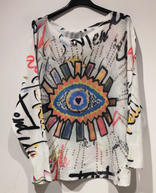 Loowie White Evil Eye  Round Knit Printed Sweater O/S