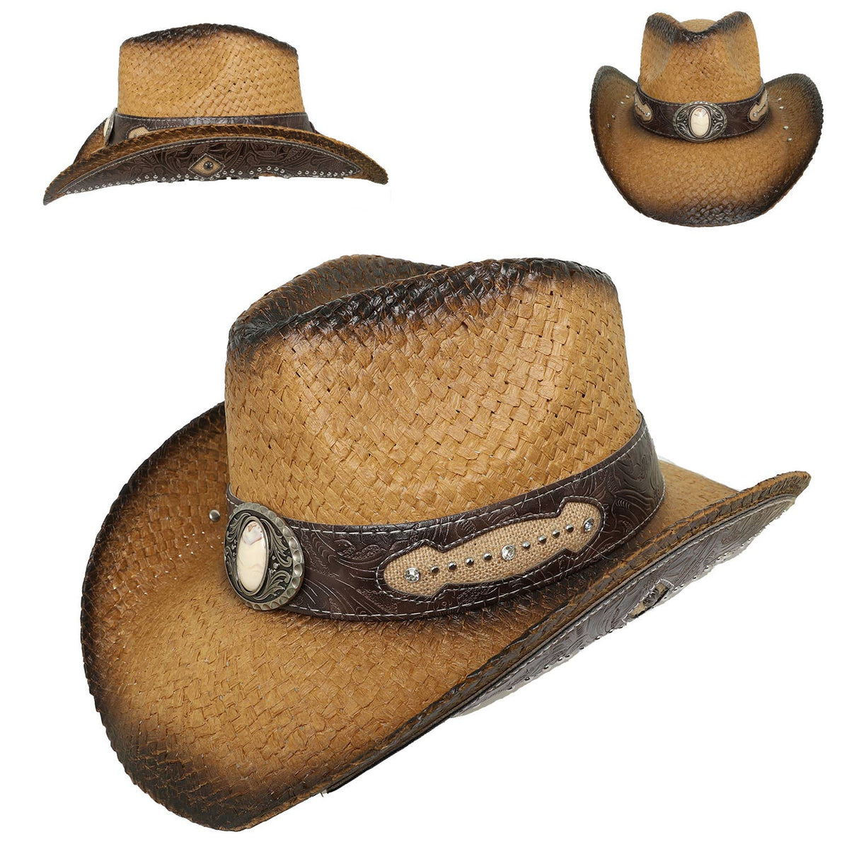 Sophia Collection Western Rhinestone Embellished Straw Cowboy Hat