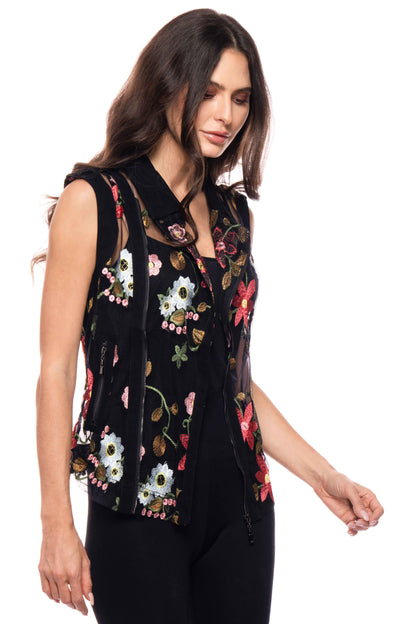Adore Black Sheer Embroidered Zipped Vest