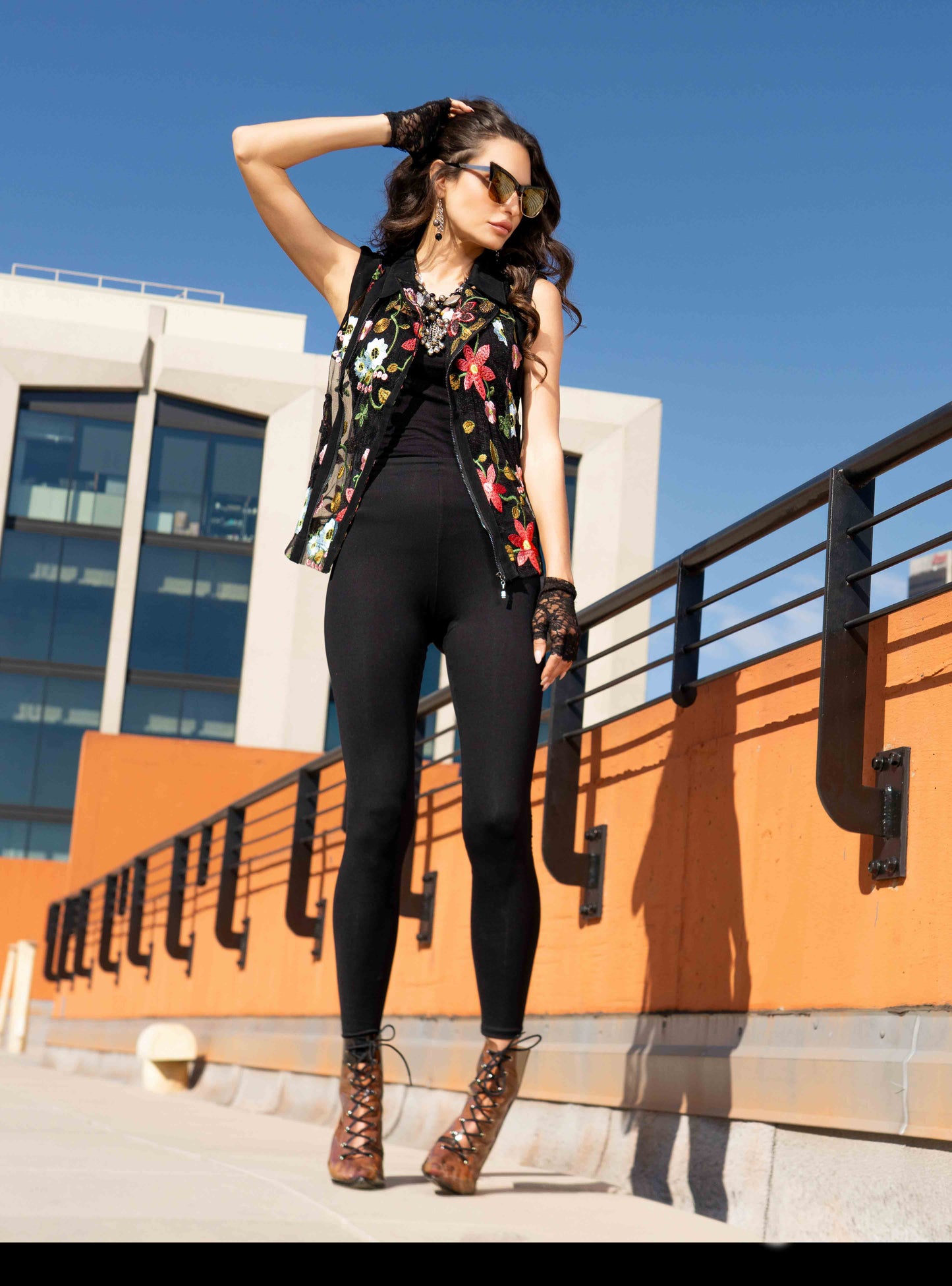 Adore Black Sheer Embroidered Zipped Vest