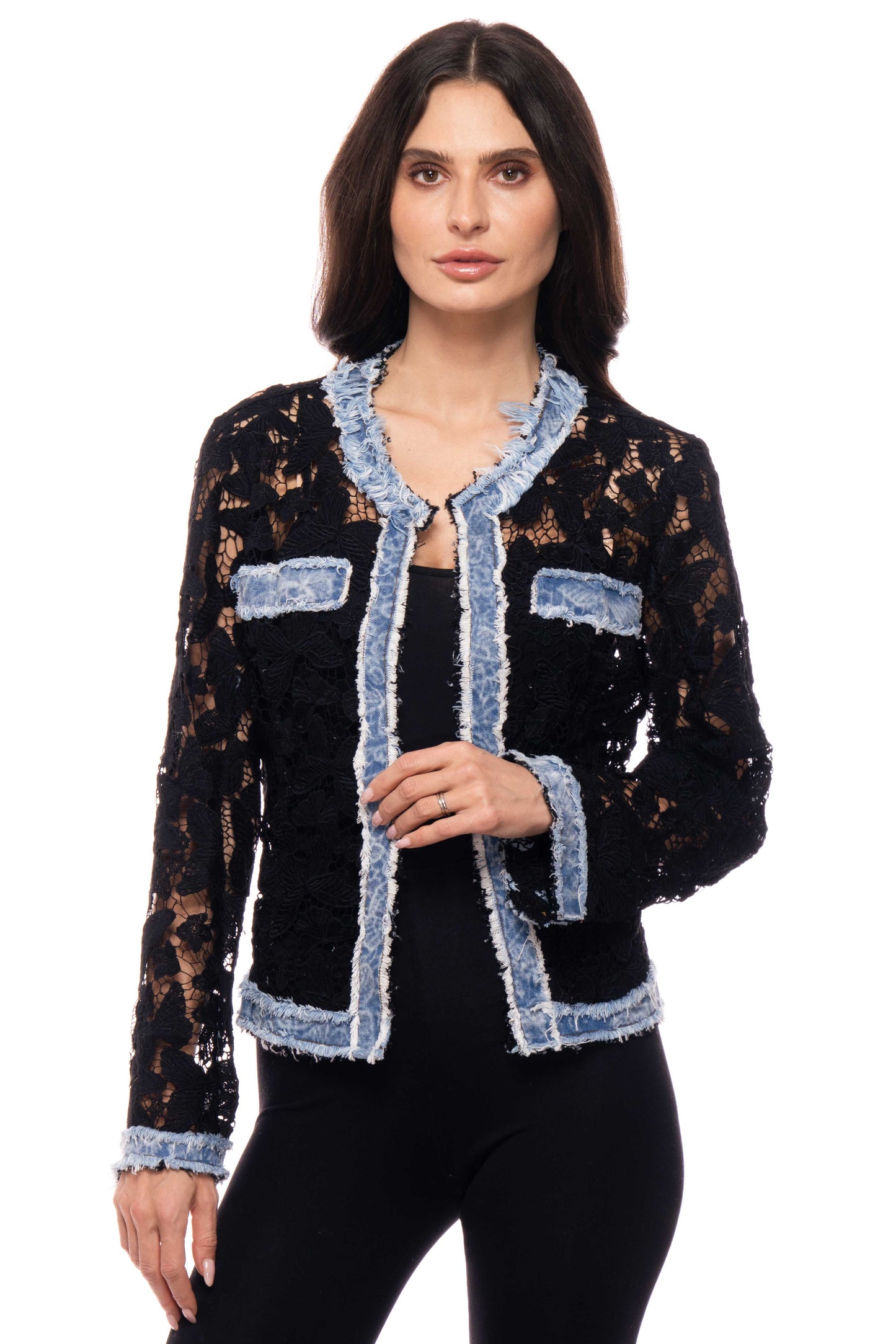 Adore Black Lace and Denim Trim Jacket