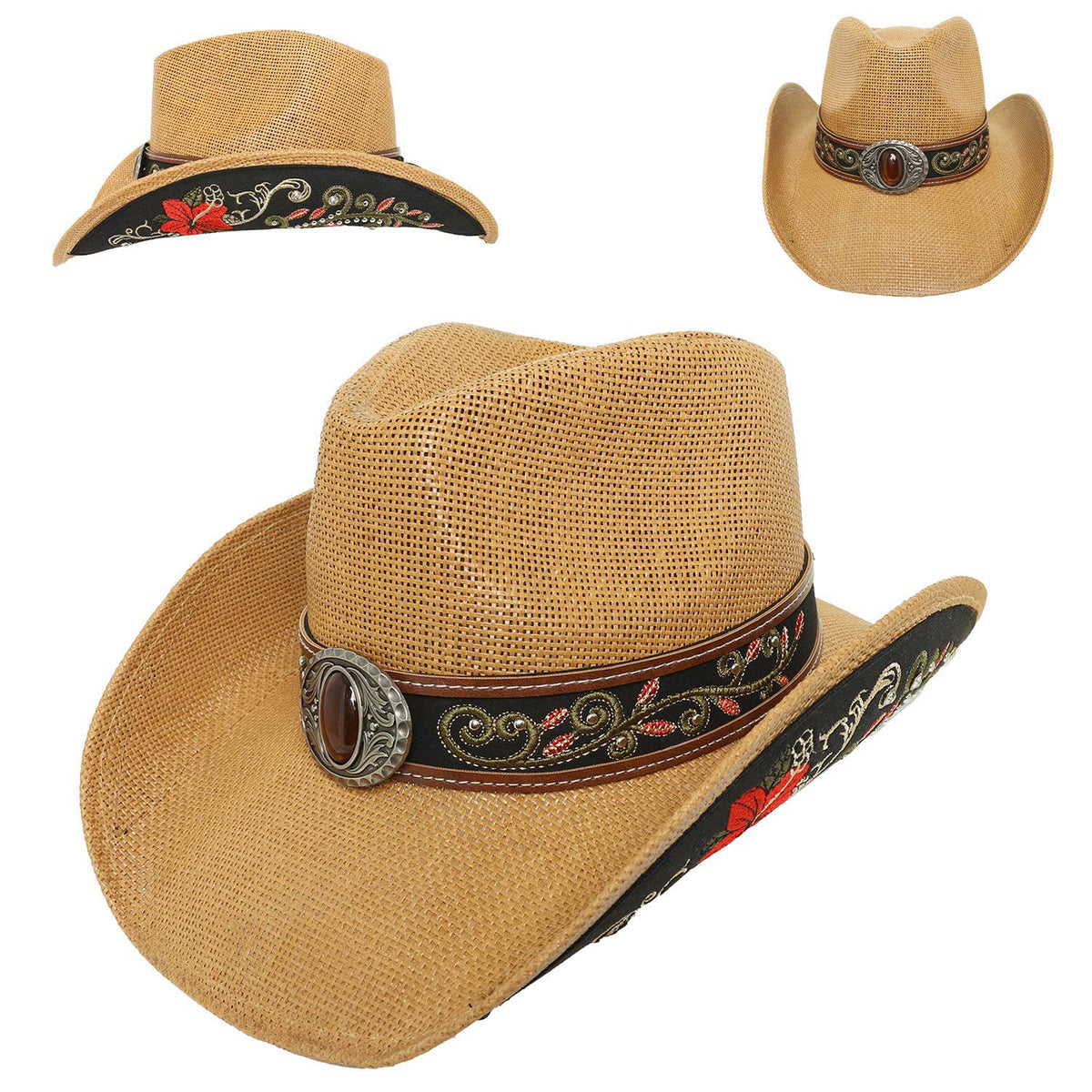 SP Sophia Collection Western Embroidered Straw Woven Cowboy Hat