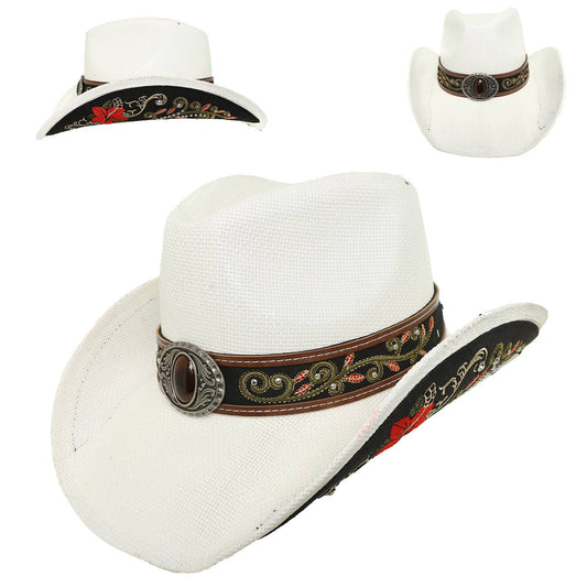 SP Sophia Collection Western Embroidered Straw Woven Cowboy Hat