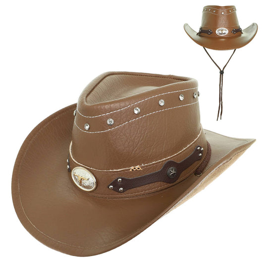 SP Sophia Collection Western Crystal Studded Cowboy Hat with Steerhead Emblem