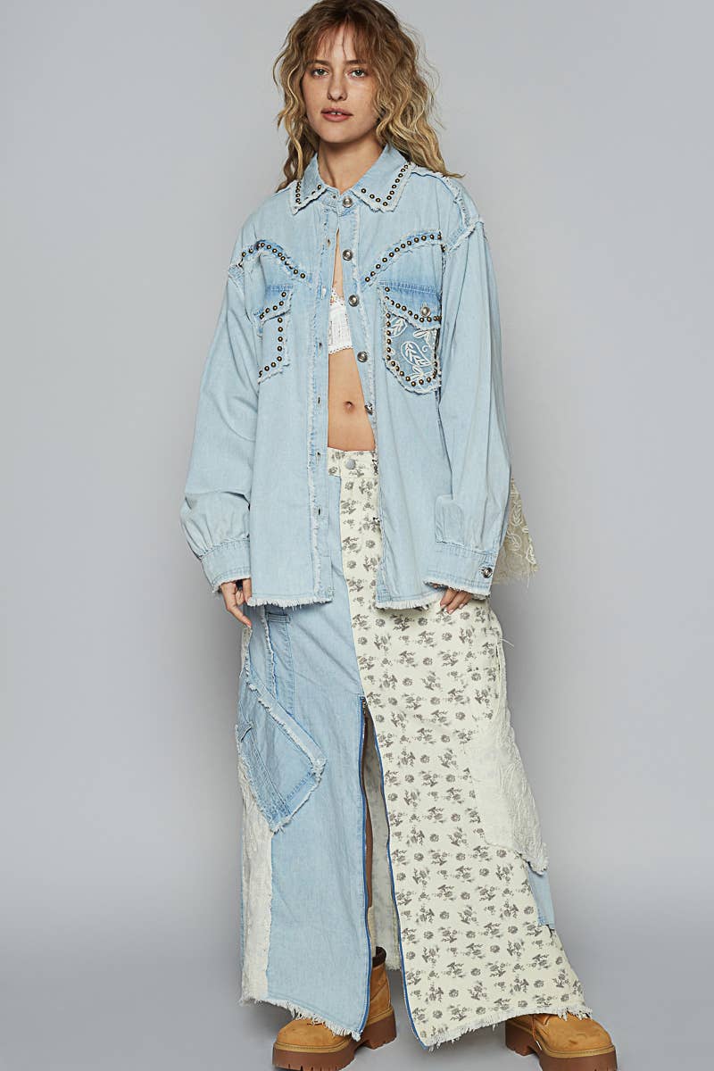 POL Long sleeve studded western style twill shirt top