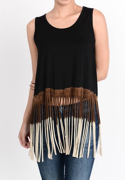 T-Party Tri Color Dip Dye Fringe Sleeveless Top