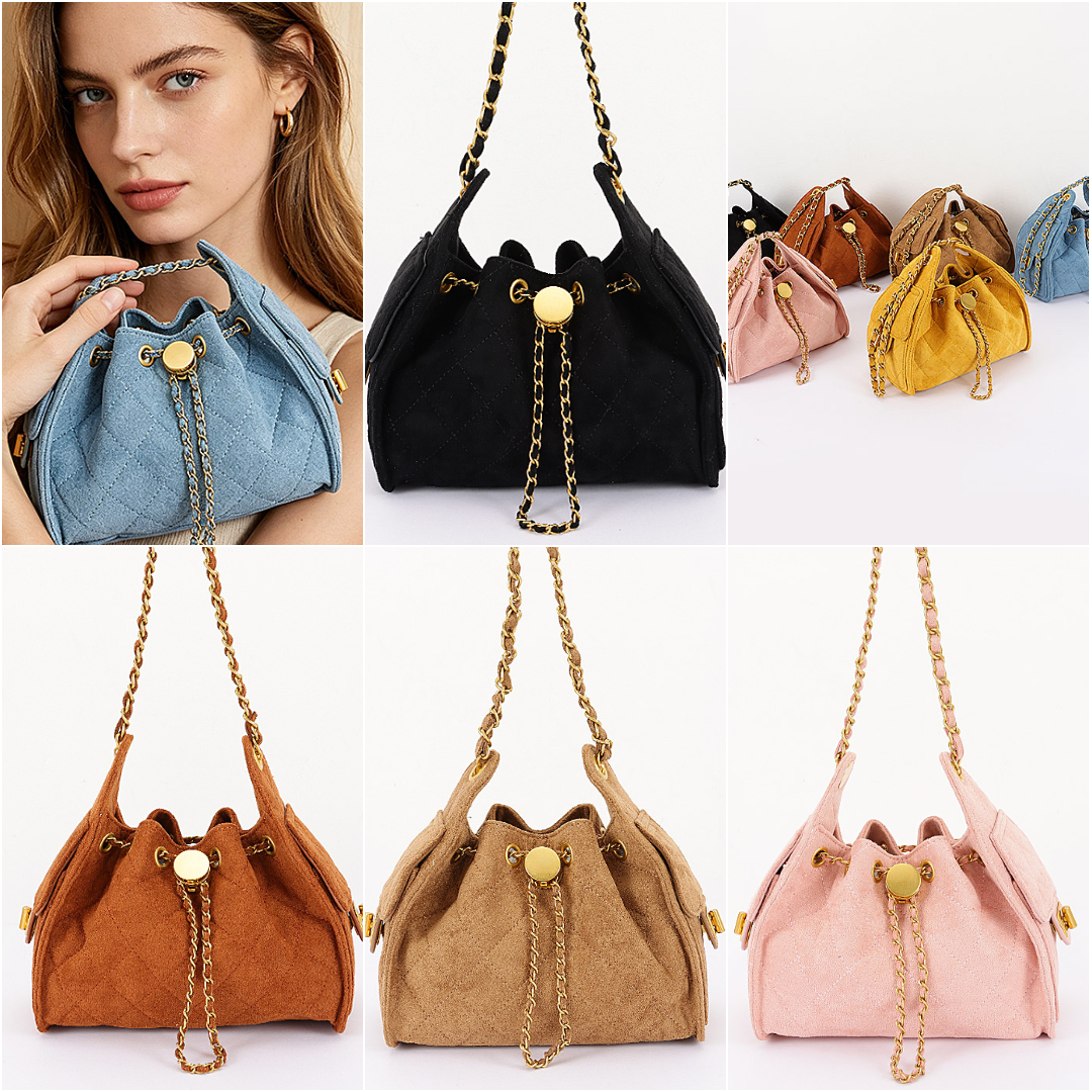Quilted Suede Chain Drawstring Shoulder Bag