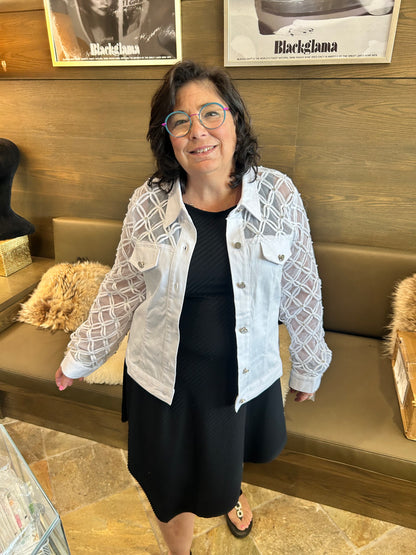 AZI Renee Lace Bejeweled White Denim Jacket