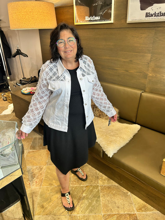 AZI Renee Lace Bejeweled White Denim Jacket