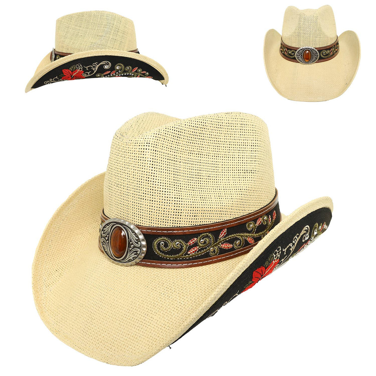 SP Sophia Collection Western Embroidered Straw Woven Cowboy Hat