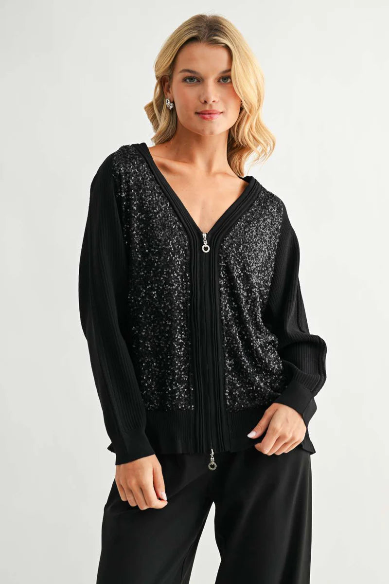 JOH Justine Knitted Zip Front Cardigan with Sequin Sweater Top