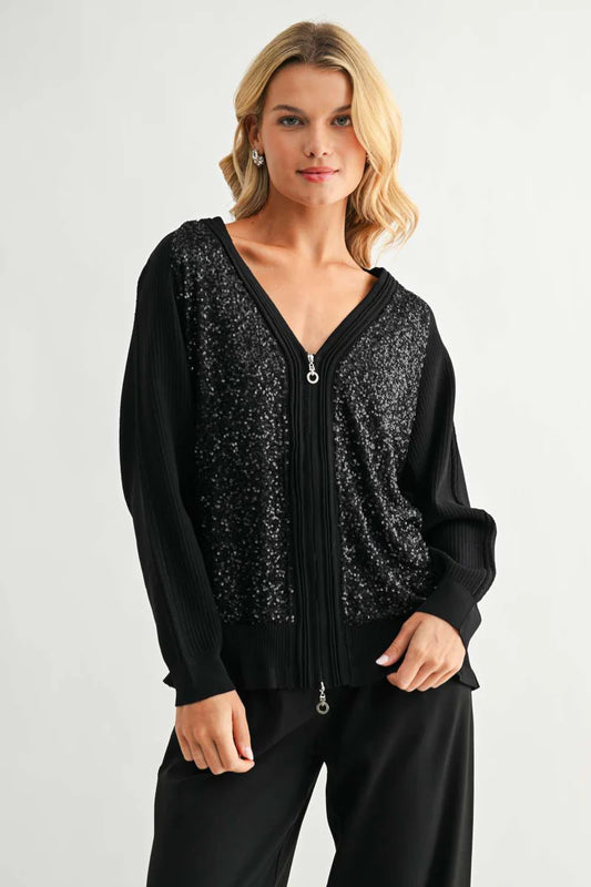 JOH Justine Knitted Zip Front Cardigan with Sequin Sweater Top
