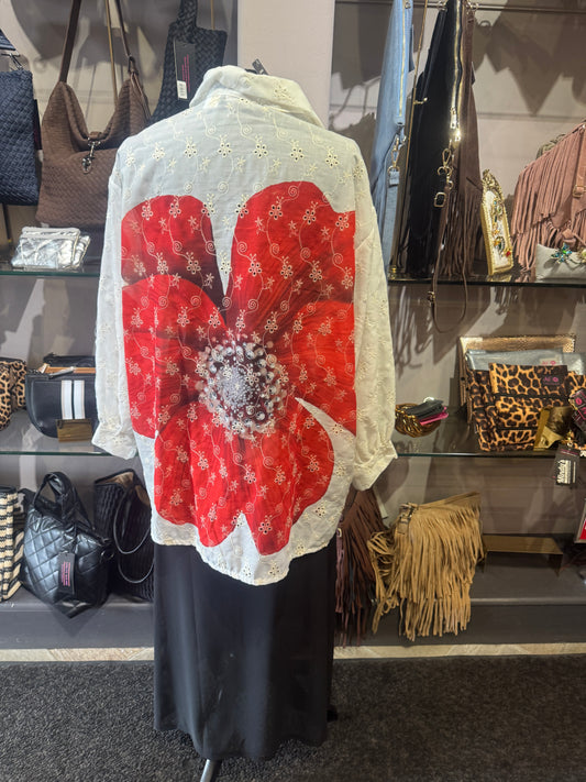 Elle Floral Eyelet White Collared Button Down Shirt