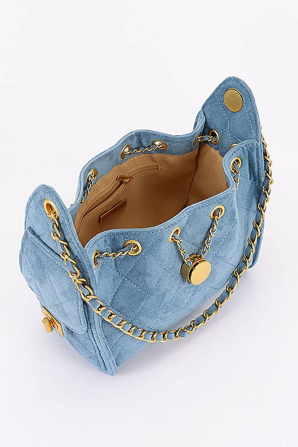 Quilted Suede Chain Drawstring Shoulder Bag
