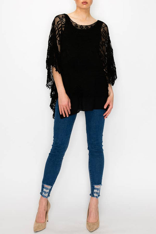 Origami Apparel Ornate Crochet Poncho Top With Geometric Embroidered Details