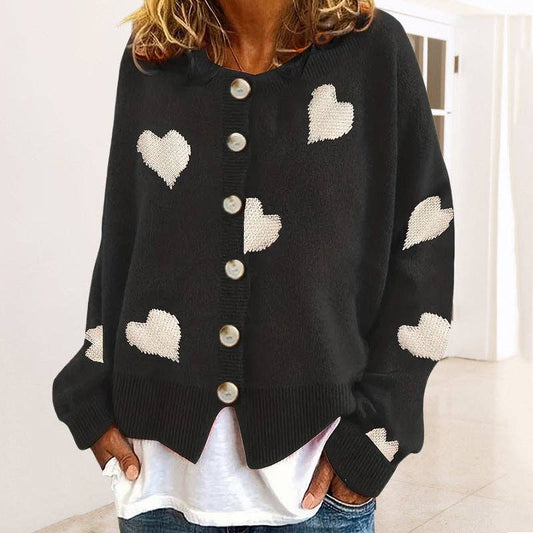 Sweetkama Ladies Round Neck Heart Button Open Cardigan Sweater